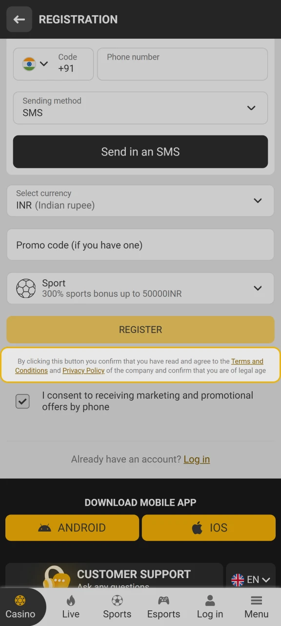 Accept MelBet's terms and conditions to register.